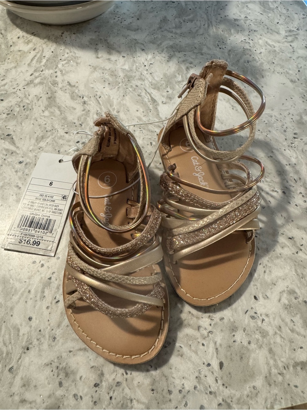 Cat & Jack Girls' Rose Gold and Beige Glitter Multi-Strap Sandals
